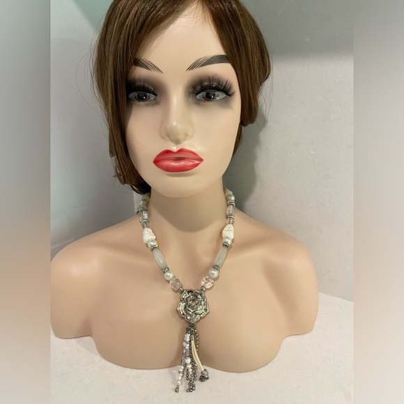 Crisca Silver Tone Rose Faux Pearls And Opals White Beads Necklace - Picture 3 of 9